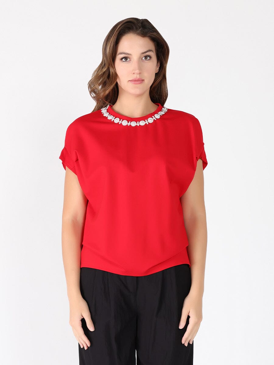 Pearl Work Round Neck Top TOP Gracia Fashion RED S 