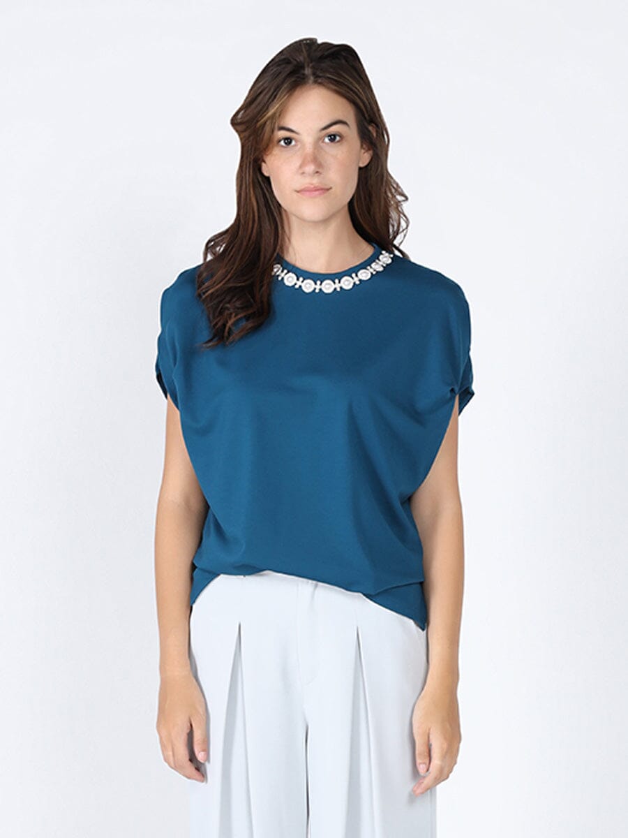 Pearl Work Round Neck Top TOP Gracia Fashion TEAL S 