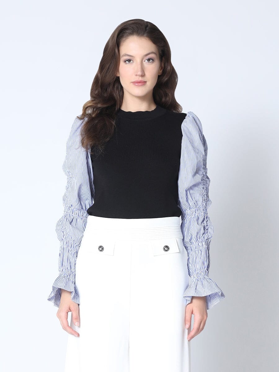 Pin-stripe Smocking Shirt Sleeve Knitted Top TOP Gracia Fashion BLACK/BLUE S 