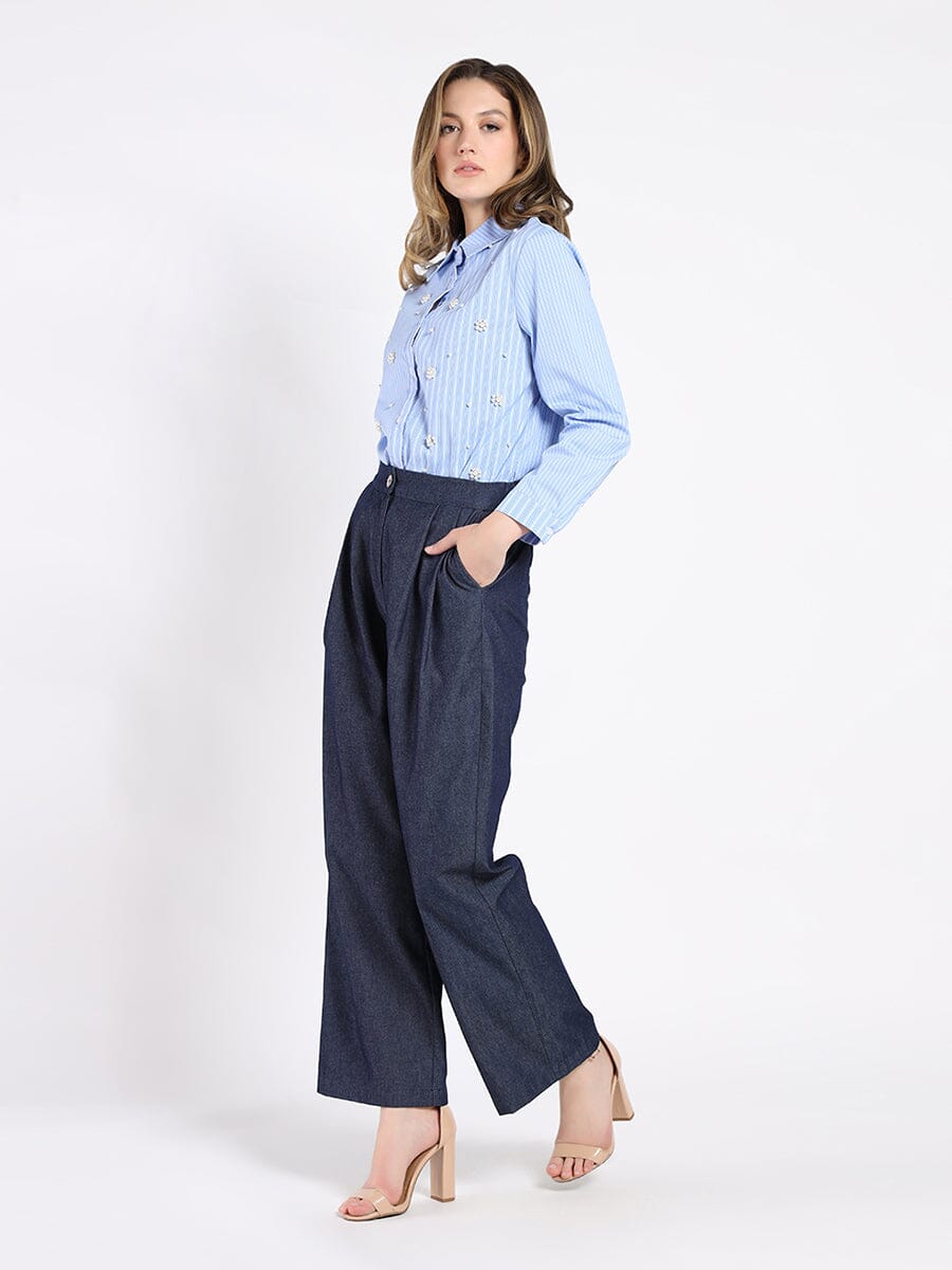 Pinstripe Shirt with Bead Embellishments TOP Gracia Fashion BLUE S 