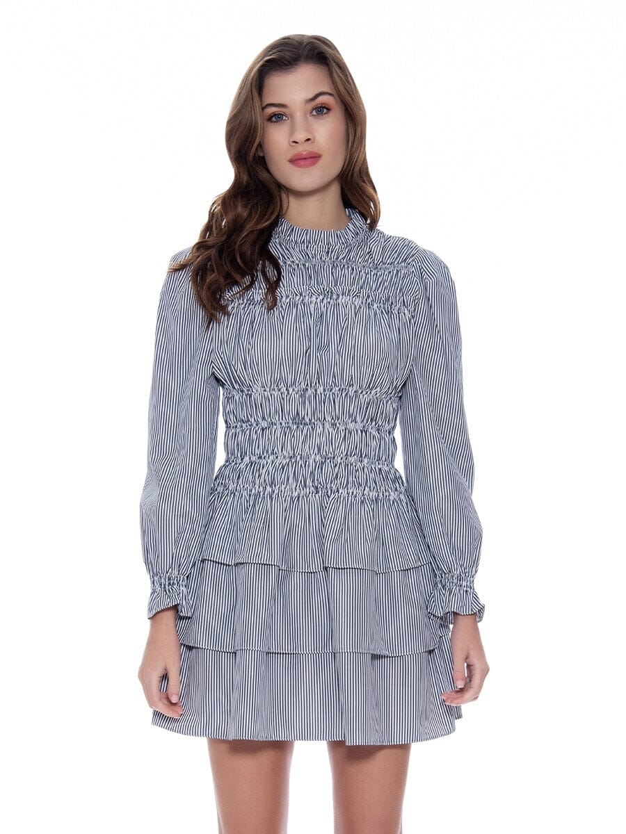 Pinstriped Ruffle Hem Flounce Sleeve Smocked Dress DRESS Gracia Fashion GREY S 