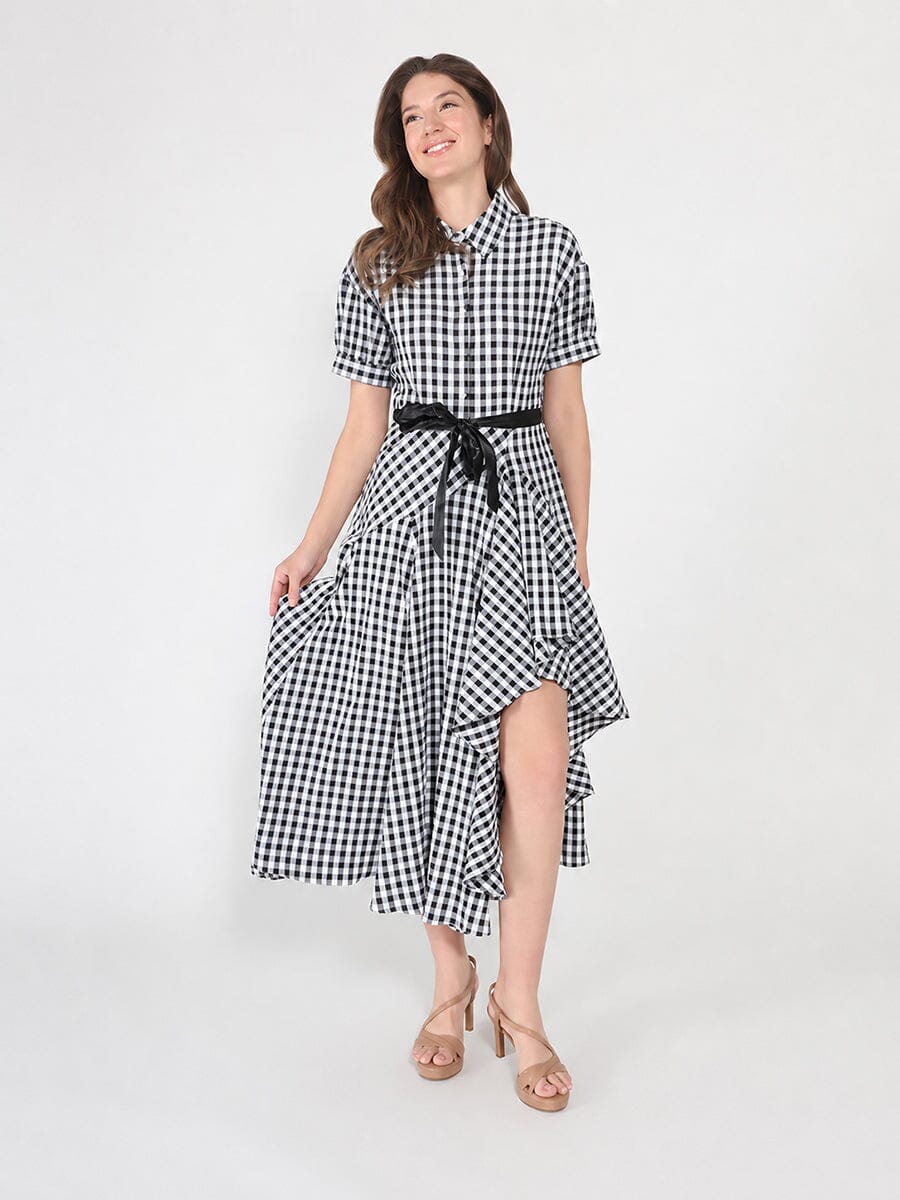 Plaid Pattern Asymmetrical Ruffle Midi Dress BLACK/WHITE / M