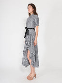 Plaid Pattern Asymmetrical Ruffle Midi Dress DRESS Gracia Fashion 