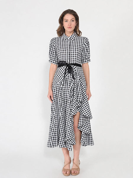 Plaid Pattern Asymmetrical Ruffle Midi Dress BLACK/WHITE / M