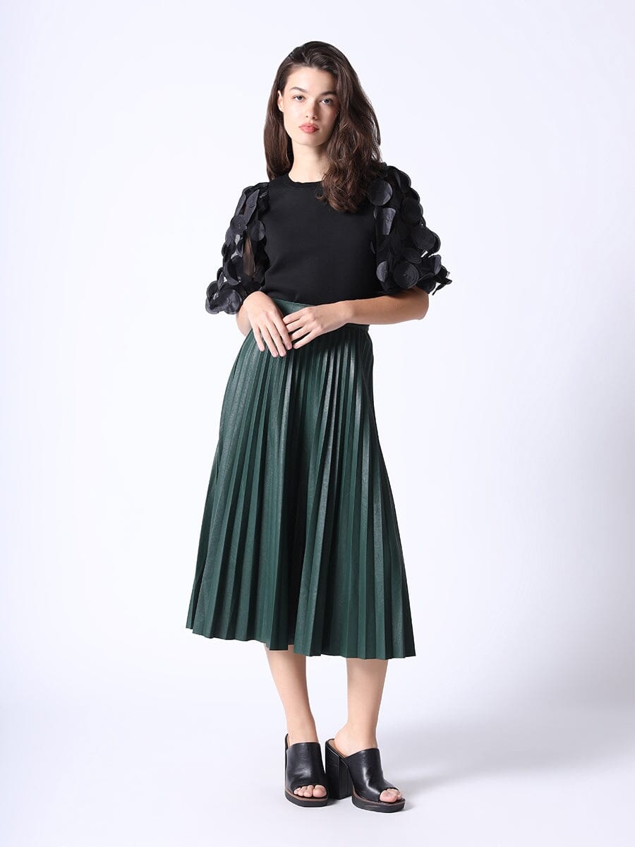 Pleated A-Line Midi-Length Pleather Skirt SKIRT Gracia Fashion HUNTER GREEN S 