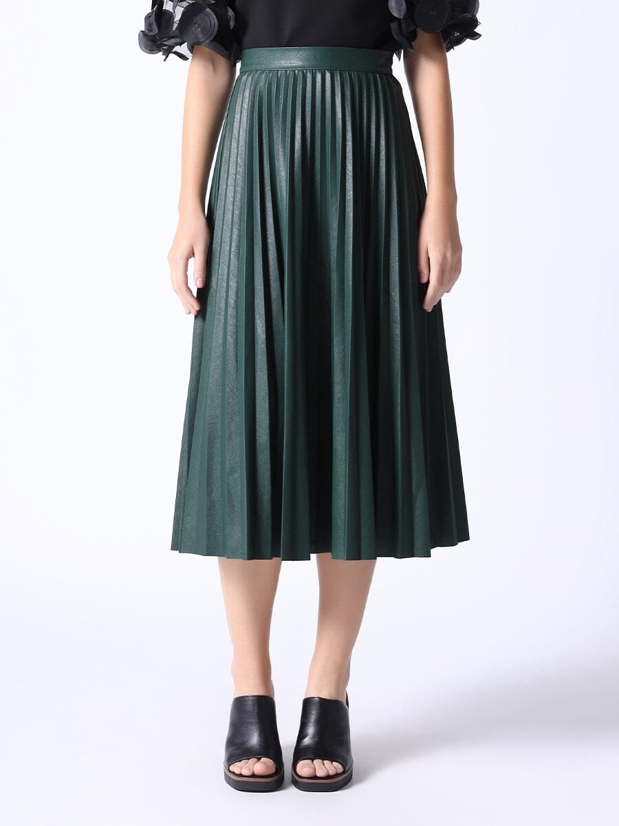 Pleated A-Line Midi-Length Pleather Skirt SKIRT Gracia Fashion HUNTER GREEN S 