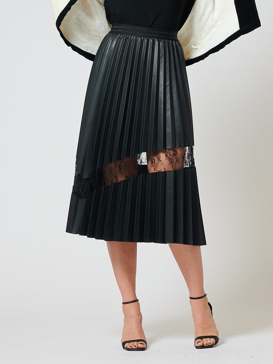 Pleated Pleather Skirt with Lace Contrast SKIRT Gracia Fashion BLACK S 