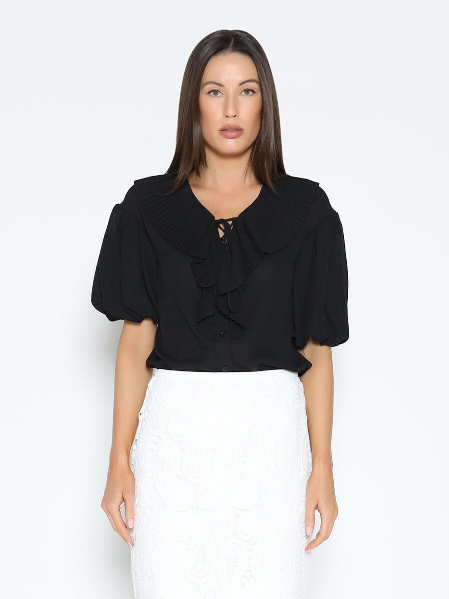 Pleated Ruffle V-Neck Puff Sleeve Top TOP Gracia Fashion BLACK S 