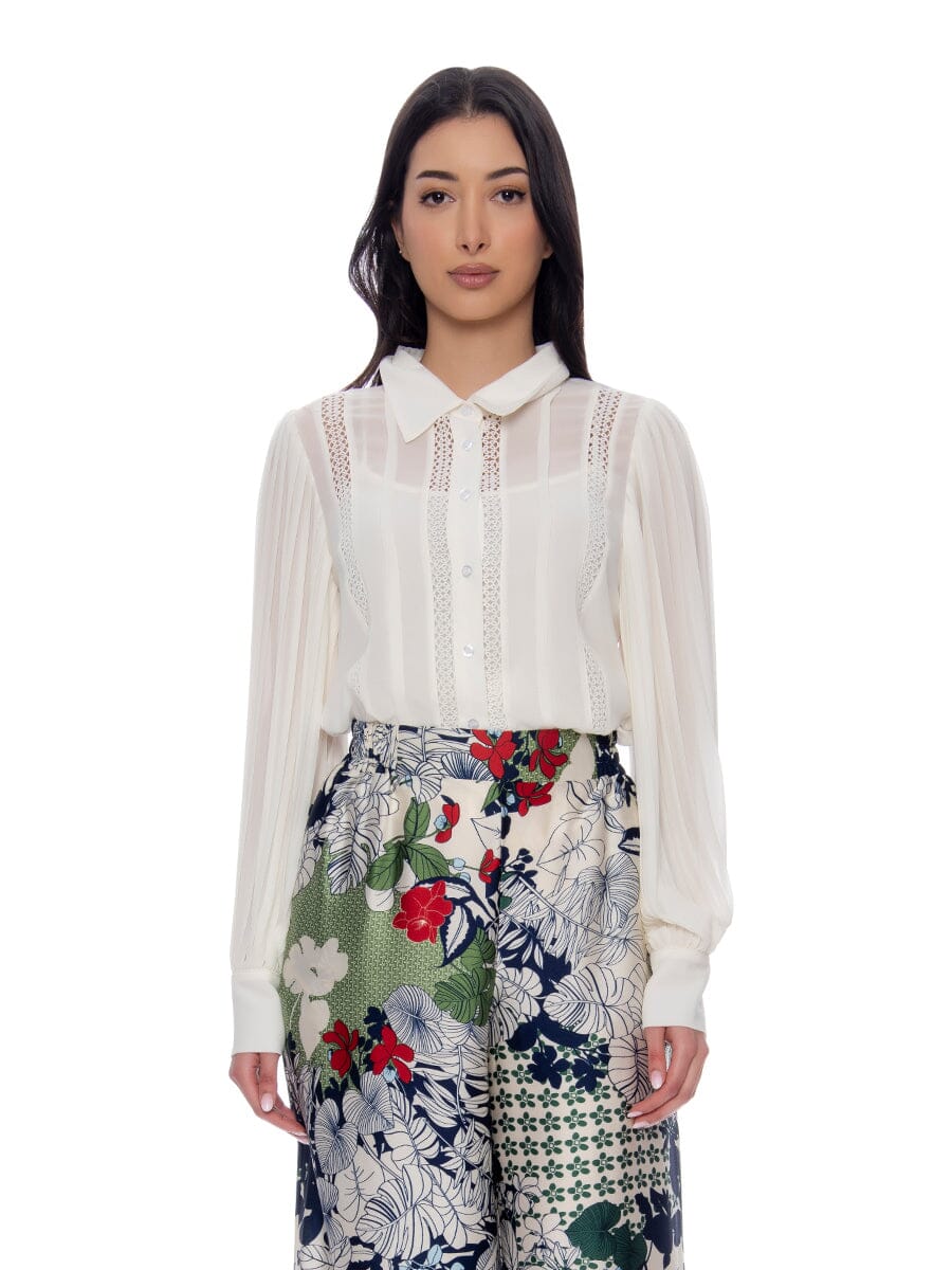 Pleated Sleeve Sheer Blouse with Crochet Trim TOP Gracia Fashion CREME S 