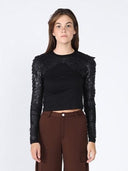 Pleather Patched Long Sleeve Top TOP Gracia Fashion BLACK S 