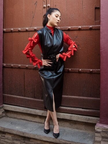 Pleather Sleeveless Dress DRESS Gracia Fashion BLACK S 