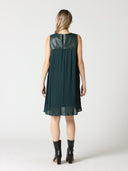 Pleather-Spliced Sleeveless Pleated Yoke Dress DRESS Gracia Fashion 