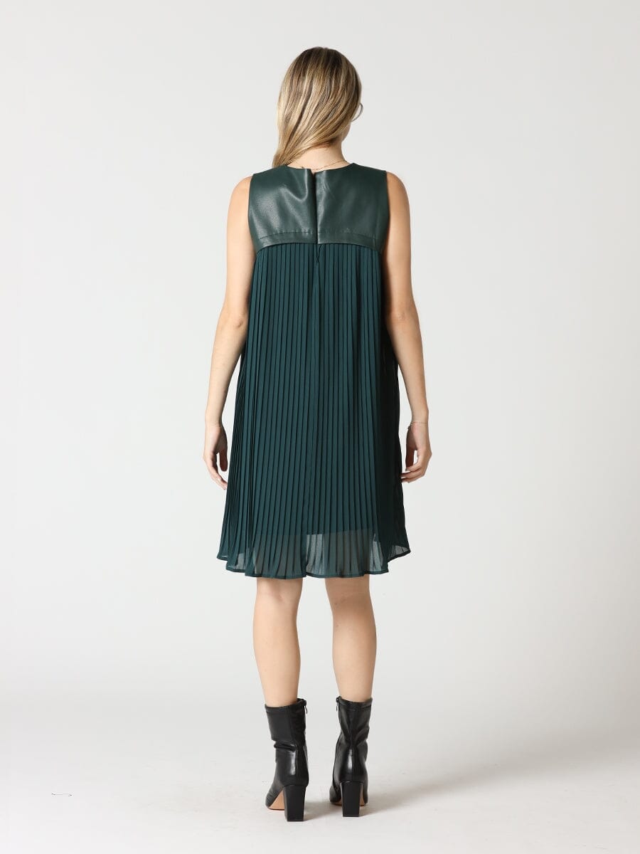 Pleather-Spliced Sleeveless Pleated Yoke Dress - Gracia Fashion