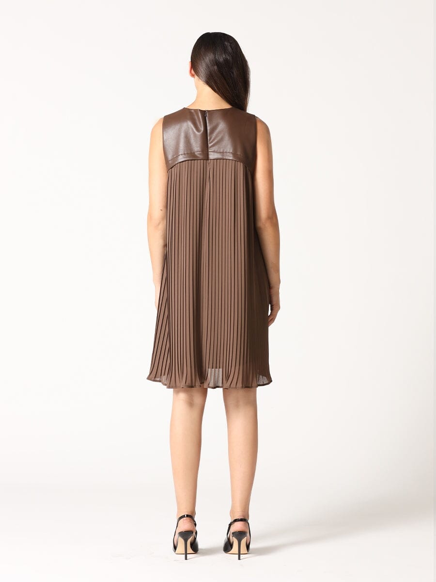 Pleather-Spliced Sleeveless Pleated Yoke Dress DRESS Gracia Fashion 