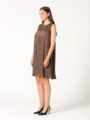 Pleather-Spliced Sleeveless Pleated Yoke Dress DRESS Gracia Fashion 