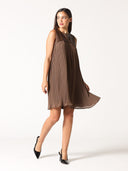 Pleather-Spliced Sleeveless Pleated Yoke Dress DRESS Gracia Fashion 