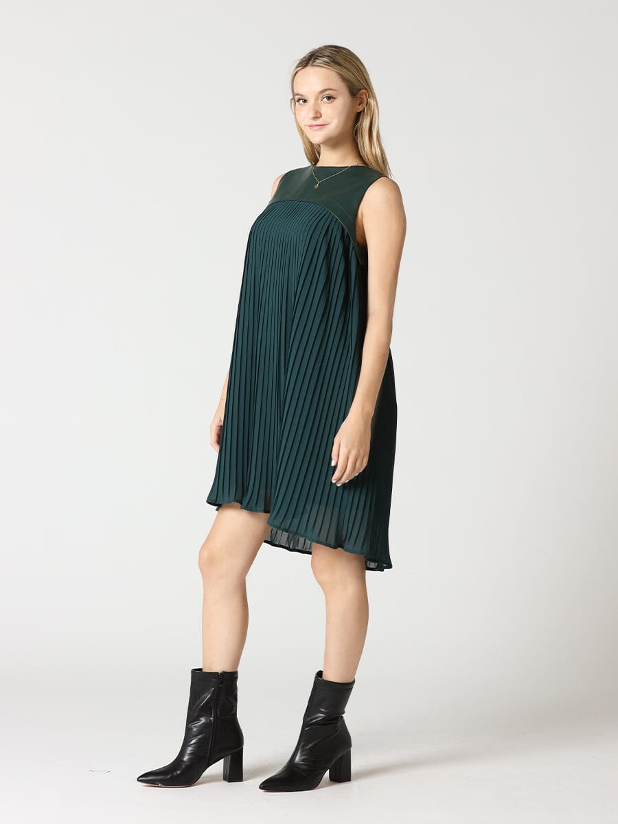Pleather-Spliced Sleeveless Pleated Yoke Dress DRESS Gracia Fashion 