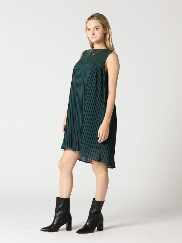 Pleather-Spliced Sleeveless Pleated Yoke Dress - Gracia Fashion
