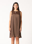 Pleather-Spliced Sleeveless Pleated Yoke Dress DRESS Gracia Fashion BROWN S 