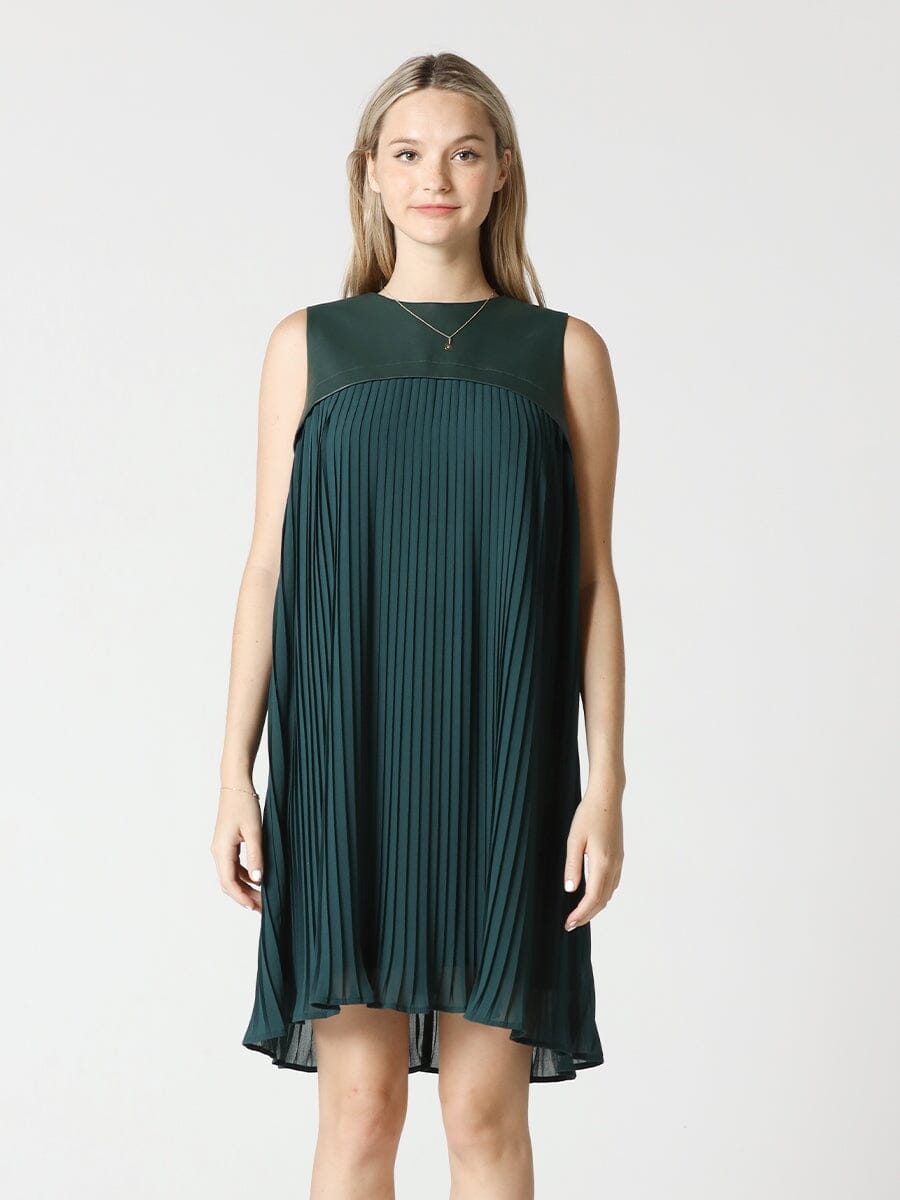 Pleather-Spliced Sleeveless Pleated Yoke Dress DRESS Gracia Fashion GREEN S 
