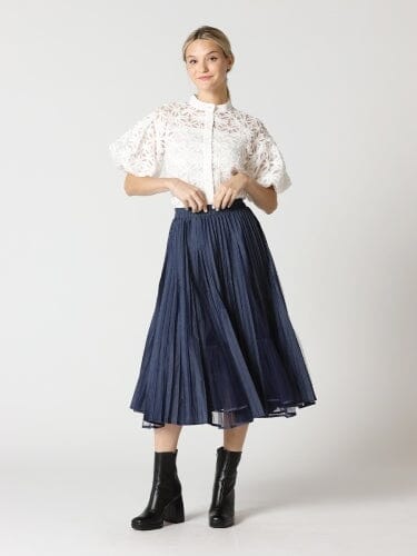 Pleats with Sheer Midi Skirt SKIRT Gracia Fashion DENIM S 