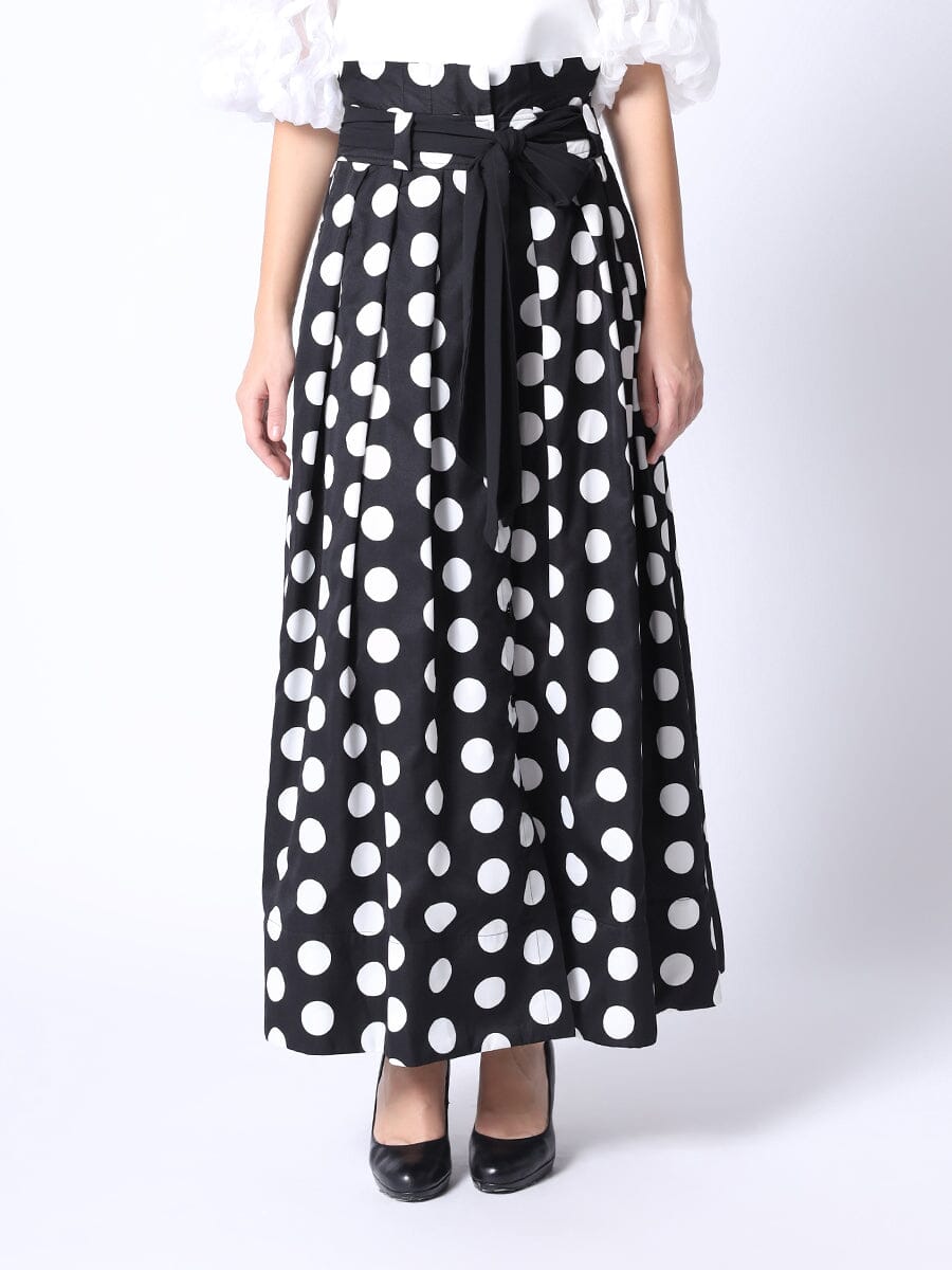 Polka Dot Maxi Skirt With Ribbon Belt SKIRT Gracia Fashion BLACK S 