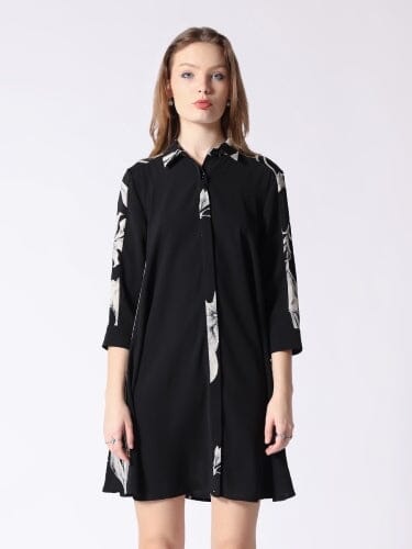 Print Contrast Button-Down Shirt Dress DRESS Gracia Fashion BLACK S 
