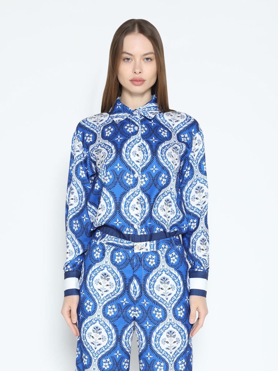 Print Long Sleeve Pajama Set Shirt TOP Gracia Fashion BLUE S 