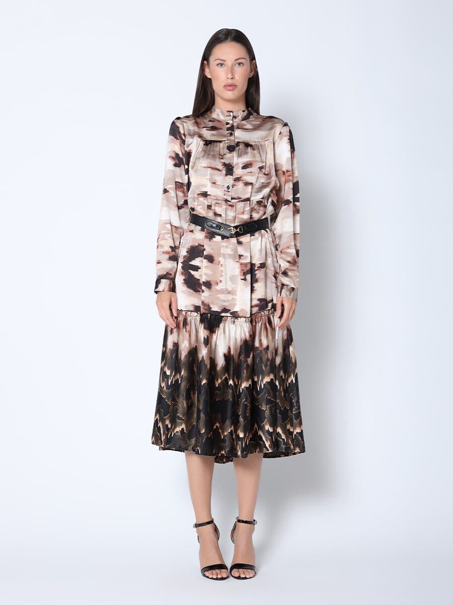 Print Mock Neck Belted Dress DRESS Gracia Fashion BEIGE S 