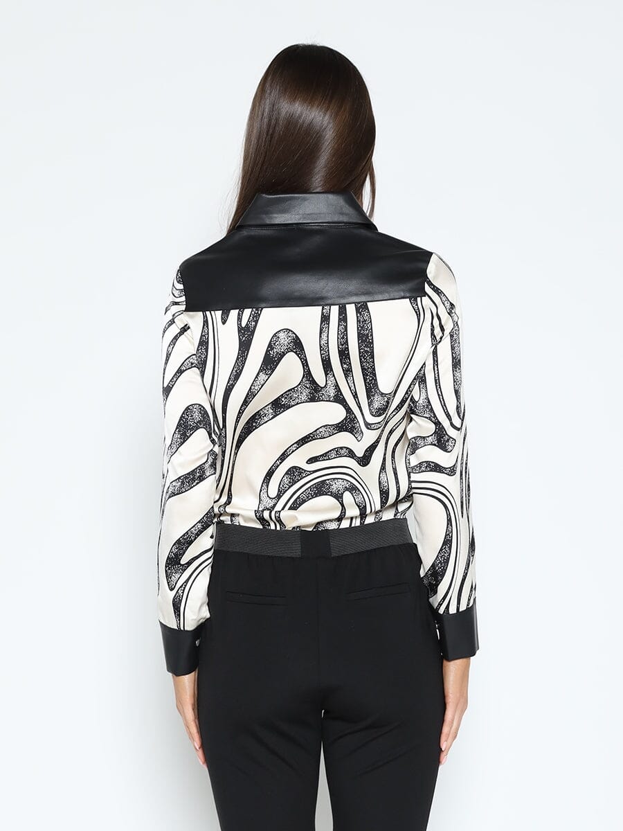 Print &amp; Pleather Spliced Button-Down Shirt Top TOP Gracia Fashion 