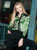 Print & Pleather Spliced Button-Down Shirt Top TOP Gracia Fashion GREEN S 