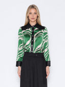 Print & Pleather Spliced Button-Down Shirt Top TOP Gracia Fashion GREEN S 