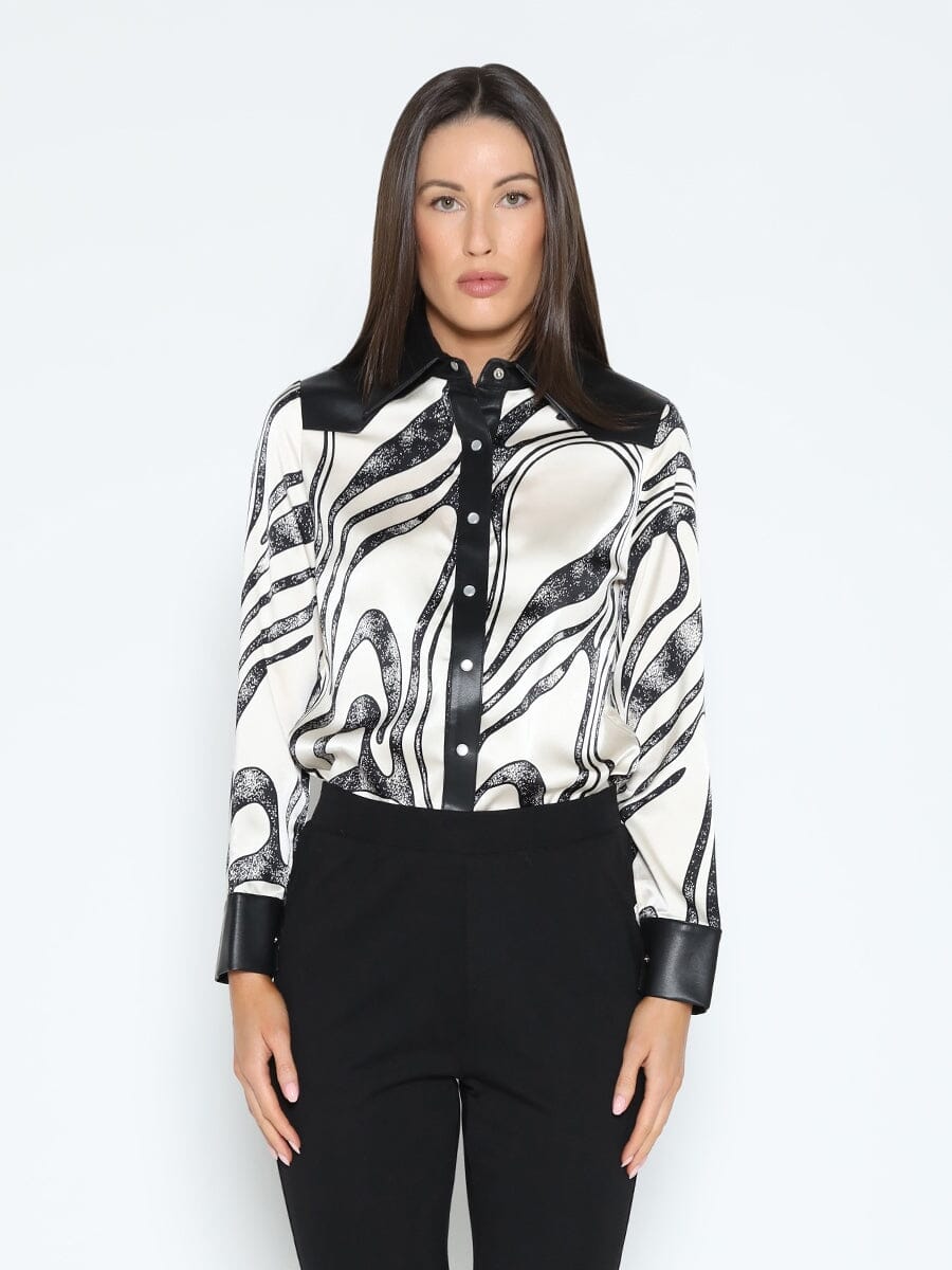 Print &amp; Pleather Spliced Button-Down Shirt Top TOP Gracia Fashion WHITE S 