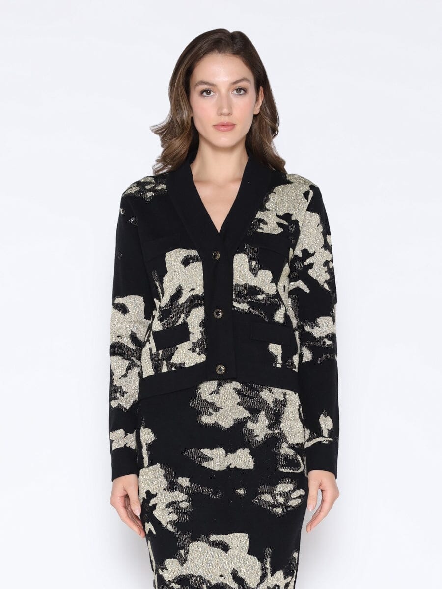 Print V-Neck Button Down Wool Knitted Cardigan SWEATER Gracia Fashion BLACK S 