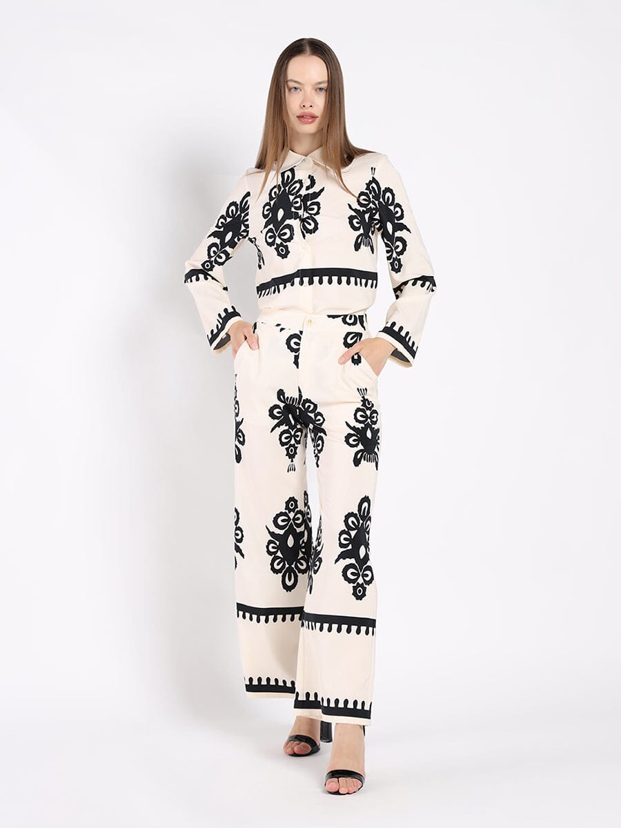 Printed Long Sleeved Button-Down Top SET Gracia Fashion BEIGE S 