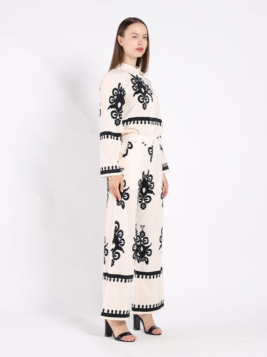 Printed Long Sleeved Button-Down Top SET Gracia Fashion 