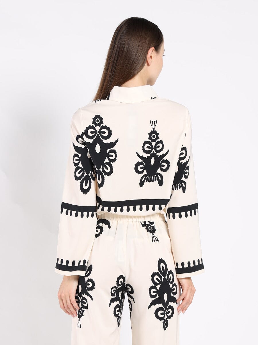 Printed Long Sleeved Button-Down Top SET Gracia Fashion 