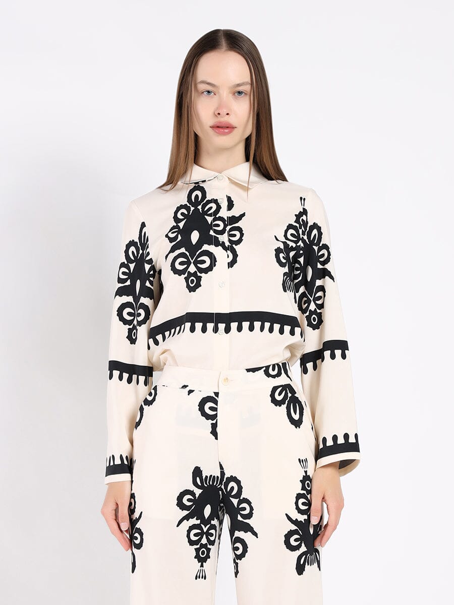 Printed Long Sleeved Button-Down Top SET Gracia Fashion BEIGE S 