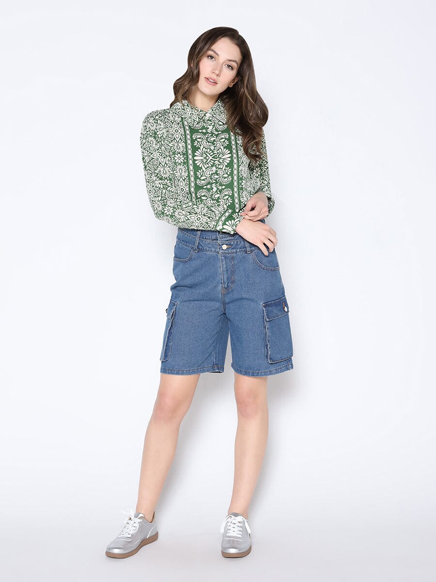 Printed Long Sleeved Button-Down Top TOP Gracia Fashion 