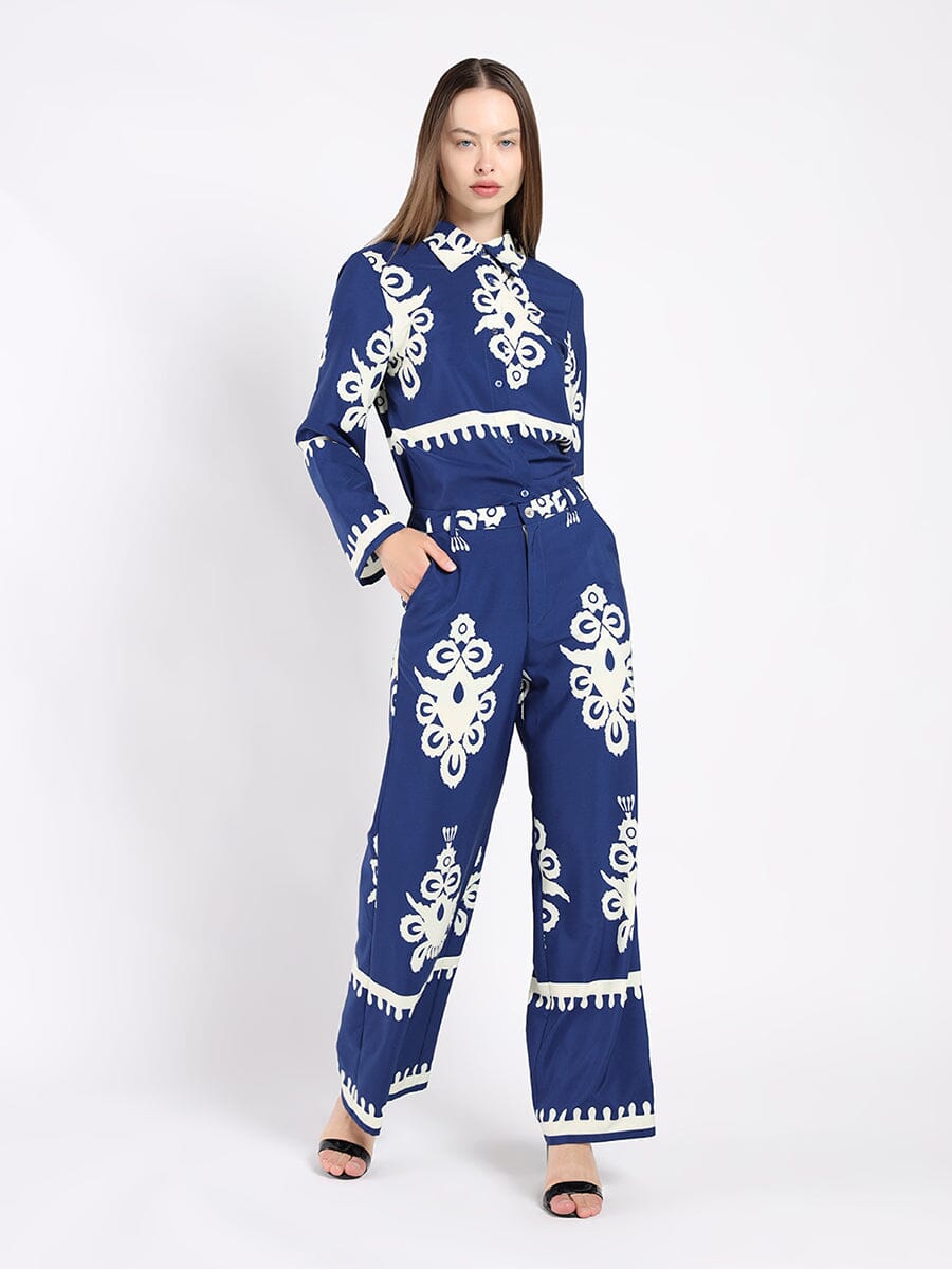 Printed Long Sleeved Button-Down Top TOP Gracia Fashion NAVY S 