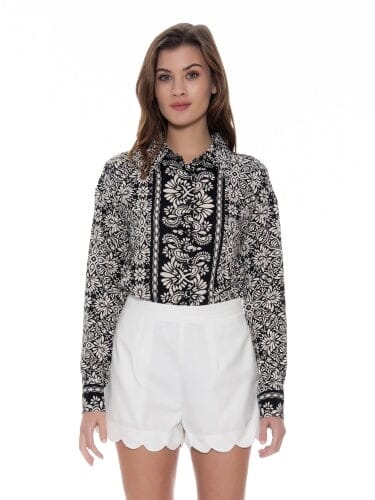 Printed Long Sleeved Button-Down Top TOP Gracia Fashion BLACK S 