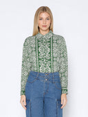 Printed Long Sleeved Button-Down Top TOP Gracia Fashion GREEN S 