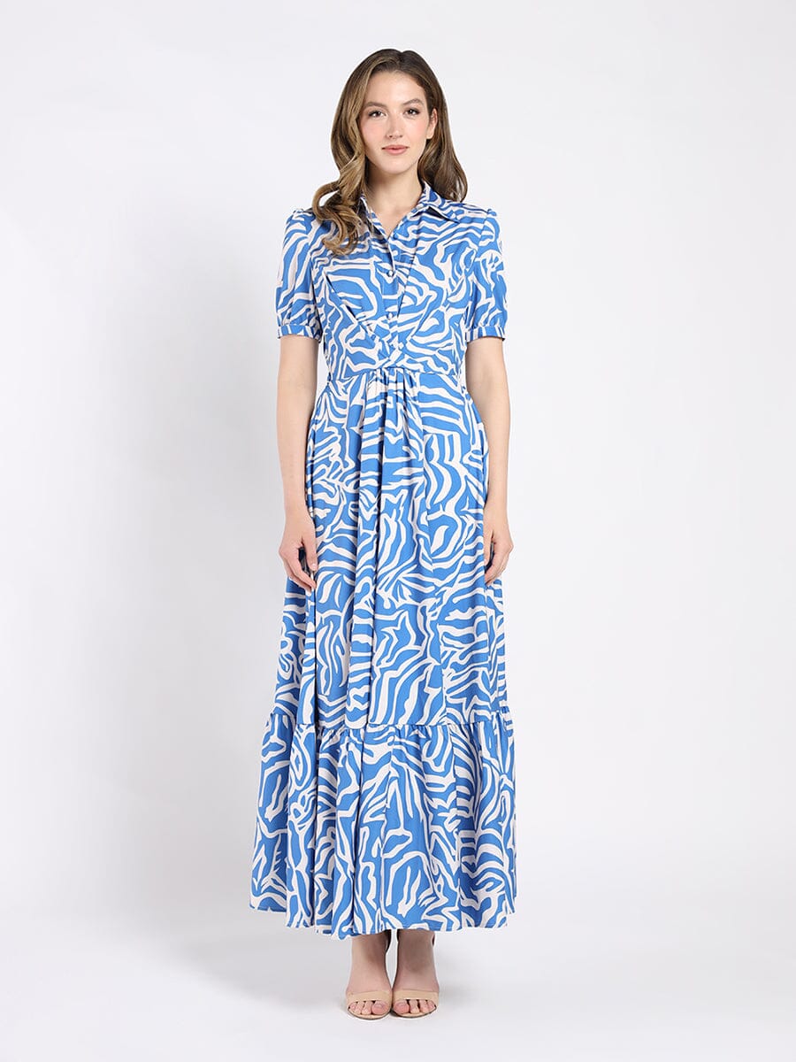 Printed Maxi Shirt Dress with Tiered Hem DRESS Gracia Fashion BLUE S 