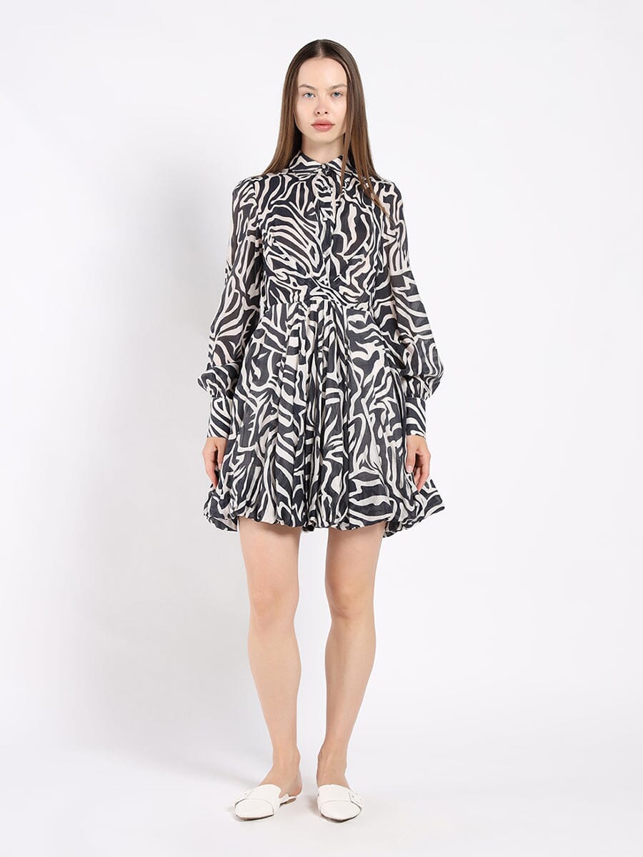 Printed Mini Dress with a Balloon Skirt Silhouette DRESS Gracia Fashion BLACK S 