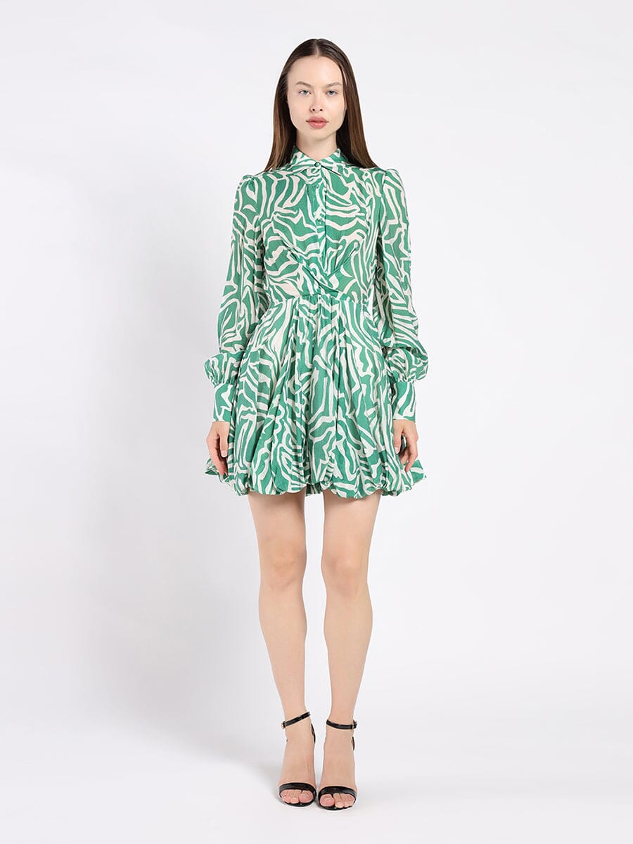 Printed Mini Dress with a Balloon Skirt Silhouette DRESS Gracia Fashion GREEN S 