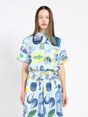 Printed Short Sleeved Button-Down Top TOP Gracia Fashion BLUE S 