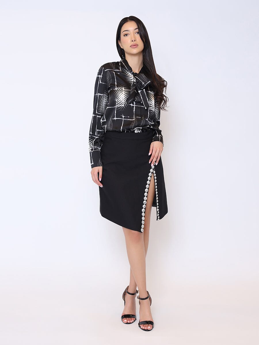 Printed Tie Neck Long Sleeve Blouse TOP Gracia Fashion BLACK S 