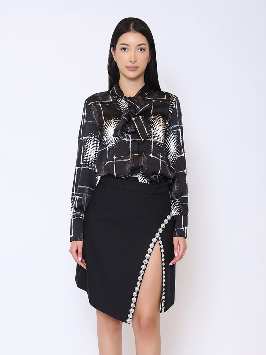 Printed Tie Neck Long Sleeve Blouse TOP Gracia Fashion BLACK S 