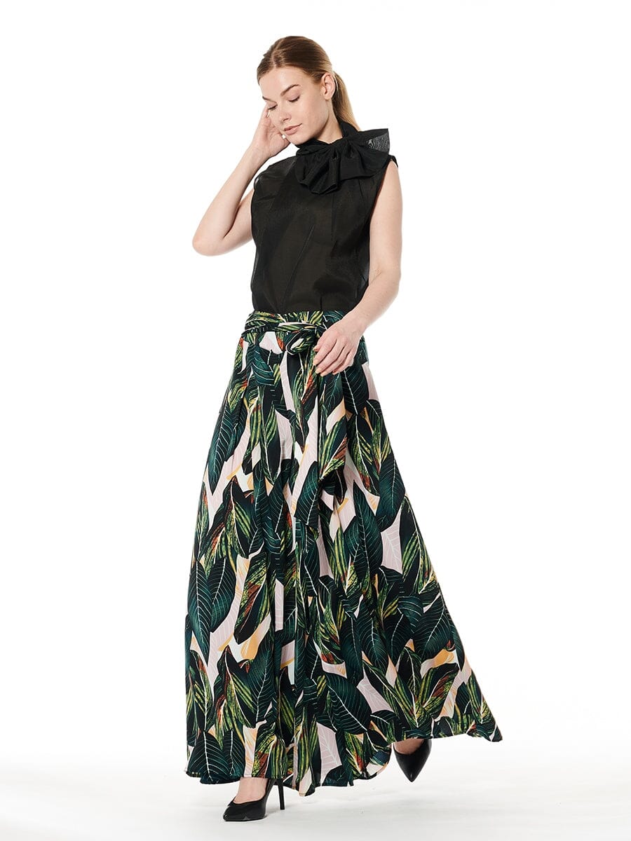 Printed Tie Waist Pleated Wide Leg Palazzo Pants PANTS Gracia Fashion GREEN S 