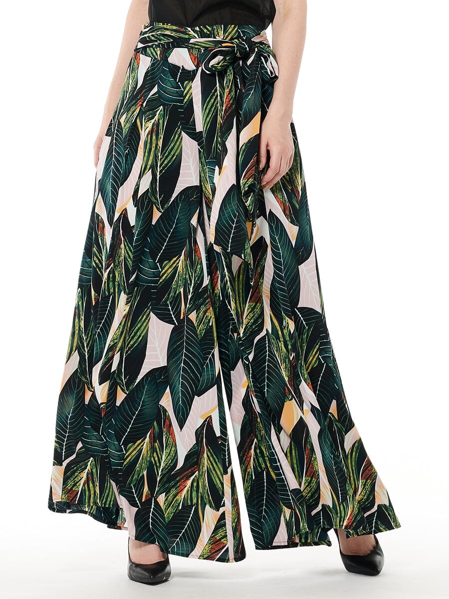 Printed Tie Waist Pleated Wide Leg Palazzo Pants PANTS Gracia Fashion GREEN S 